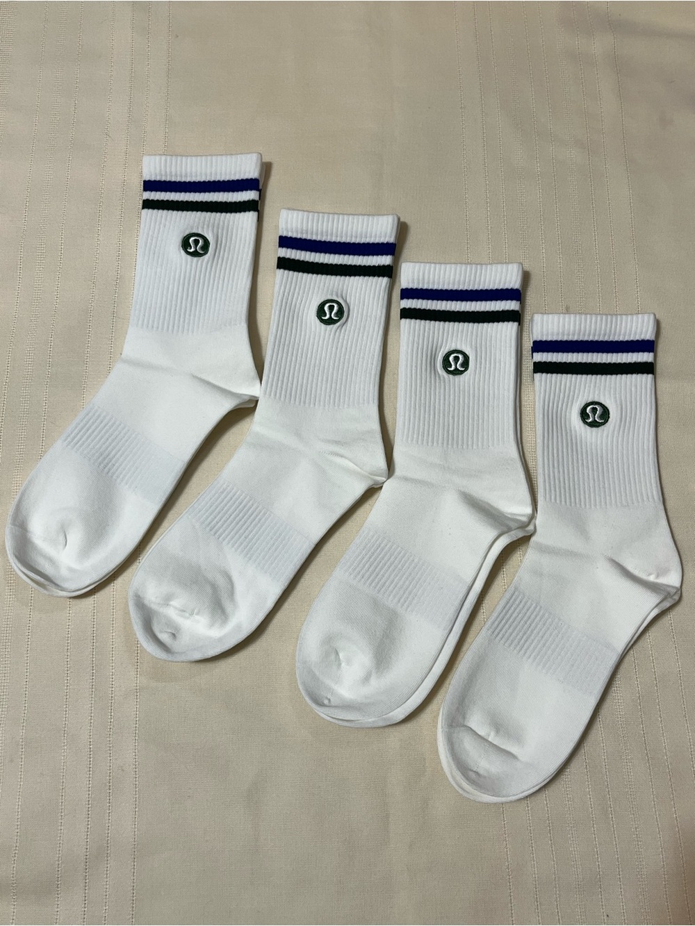 NWOT Lululemon White Athletic Crew Socks with Blue/Green Stripes - Pack of 4